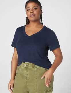 Knit Tops^Lane Bryant Short-Sleeve Deep V-Neck Linen Tee Maritime Blue