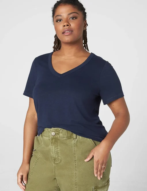 Knit Tops^Lane Bryant Short-Sleeve Deep V-Neck Linen Tee Maritime Blue
