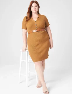Sheath^Lane Bryant Short-Sleeve Polo Sweater Dress Cathay Spice