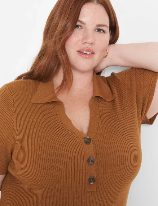 Sheath^Lane Bryant Short-Sleeve Polo Sweater Dress Cathay Spice