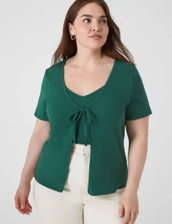 Cardigans^Lane Bryant Short-Sleeve Tie-Front Rib Overpiece Hunter Green