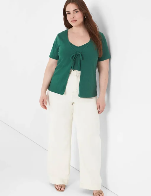 Cardigans^Lane Bryant Short-Sleeve Tie-Front Rib Overpiece Hunter Green