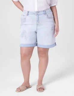 Signature Fit^Lane Bryant Signature Fit Boyfriend Jean Midi Short With Embroidery Light Denim