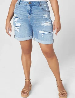 Boyfriend^Lane Bryant Signature Fit Boyfriend Jean Midi Short - Destruction Light Denim