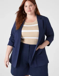 Blazers^Lane Bryant Silky Chino Boyfriend Blazer Maritime Blue