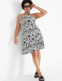Date Night^Lane Bryant Sleeveless Halter-Neck Dress Maui Leaves