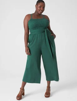 Work Versatile^Lane Bryant Smocked-Bodice Waist-Tie Jumpsuit Hunter Green