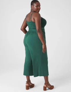 Work Versatile^Lane Bryant Smocked-Bodice Waist-Tie Jumpsuit Hunter Green