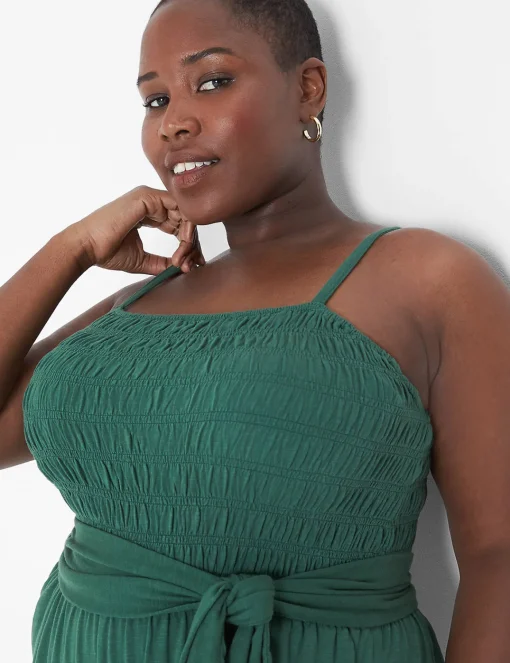 Casual^Lane Bryant Smocked-Bodice Waist-Tie Jumpsuit Hunter Green