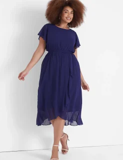 Maxi & Midi^Lane Bryant Split Flutter-Sleeve Clip Dot Midi Dress Navy