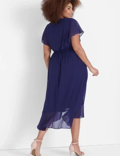 Maxi & Midi^Lane Bryant Split Flutter-Sleeve Clip Dot Midi Dress Navy