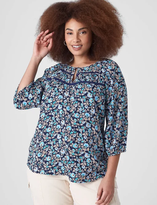 Shirts & Blouses^Lane Bryant Split-Neck Lace-Trim Blouse Blush Floral