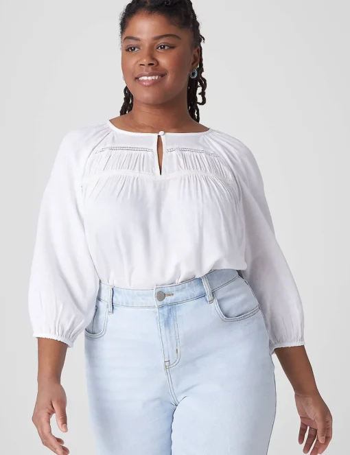 Shirts & Blouses^Lane Bryant Split-Neck Lace-Trim Blouse White