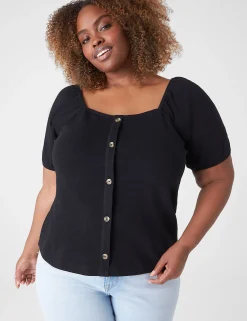 Knit Tops^Lane Bryant Square-Neck Button-Front Top Black
