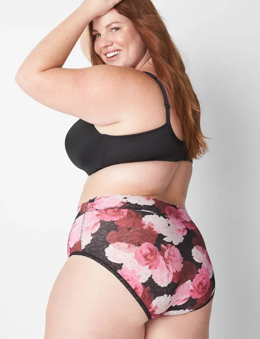Brief Panties^Lane Bryant Stretch Lace High Leg Brief Panty Blooms Black