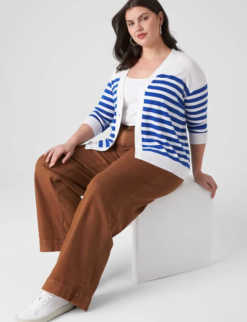 Cardigans^Lane Bryant Striped V-Neck Button-Front Cardigan Nautical Stripe
