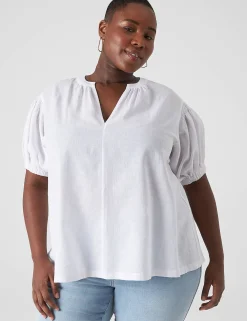 Knit Tops^Lane Bryant Swing Blouson-Sleeve Linen & Knit Top White