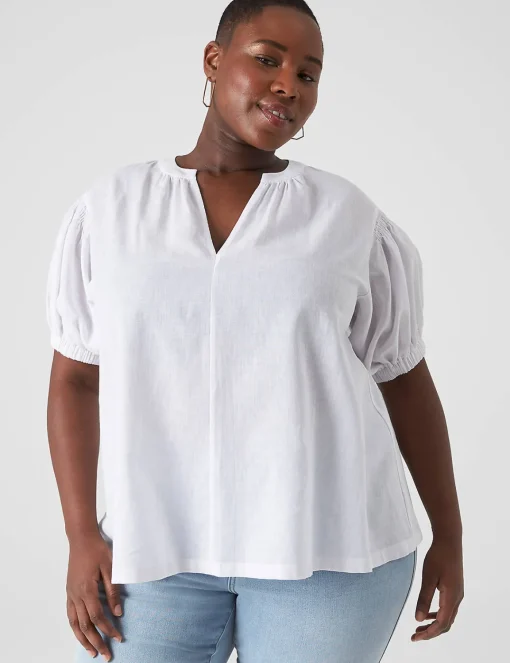 Knit Tops^Lane Bryant Swing Blouson-Sleeve Linen & Knit Top White
