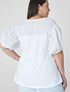 Knit Tops^Lane Bryant Swing Blouson-Sleeve Linen & Knit Top White