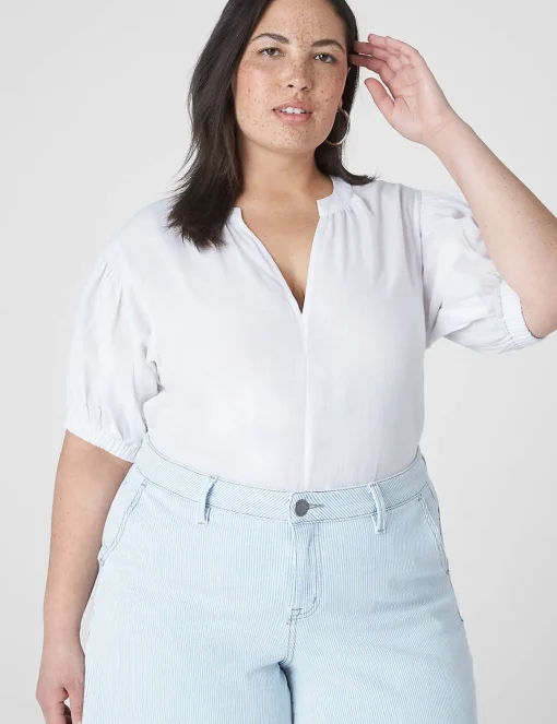 Knit Tops^Lane Bryant Swing Blouson-Sleeve Linen & Knit Top White