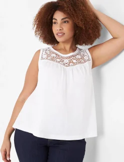 Knit Tops^Lane Bryant Swing Lace-Yoke Tank Top White