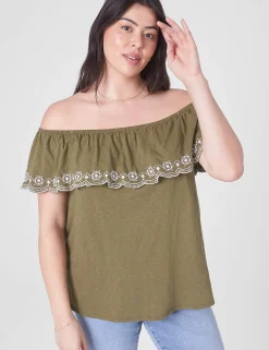 Knit Tops^Lane Bryant Swing Off-The-Shoulder Embroidered Top Olive