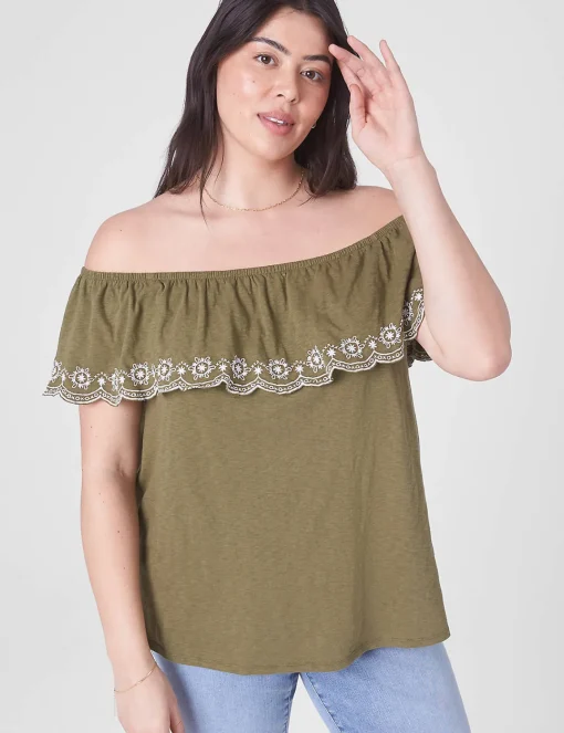 Knit Tops^Lane Bryant Swing Off-The-Shoulder Embroidered Top Olive
