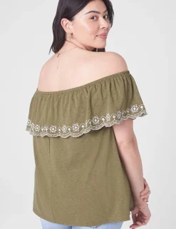 Knit Tops^Lane Bryant Swing Off-The-Shoulder Embroidered Top Olive