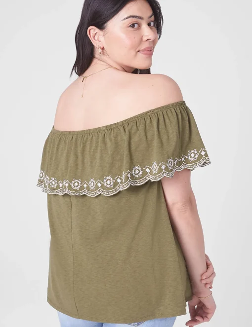 Knit Tops^Lane Bryant Swing Off-The-Shoulder Embroidered Top Olive