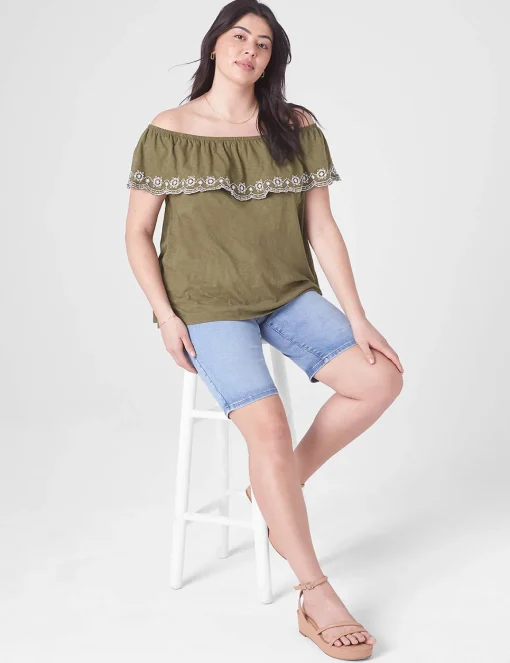 Knit Tops^Lane Bryant Swing Off-The-Shoulder Embroidered Top Olive