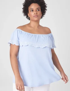 Knit Tops^Lane Bryant Swing Off-The-Shoulder Embroidered Top Brunnera Blue