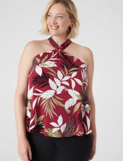 Knit Tops^Lane Bryant Swing O-Ring Halter Top Botanical Leaves