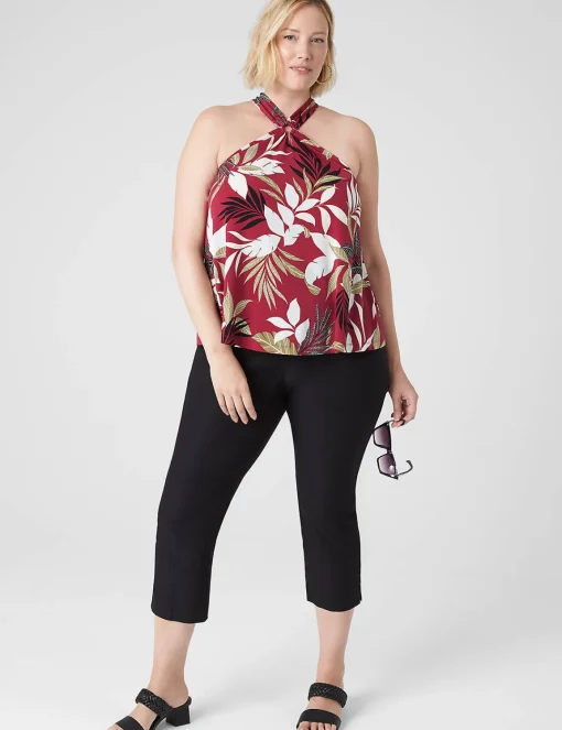 Knit Tops^Lane Bryant Swing O-Ring Halter Top Botanical Leaves