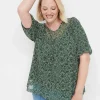 Knit Tops^Lane Bryant Swing Puff-Sleeve Crew-Neck Mesh Top Green Dot Print