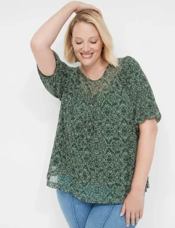 Knit Tops^Lane Bryant Swing Puff-Sleeve Crew-Neck Mesh Top Green Dot Print