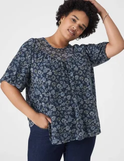 Knit Tops^Lane Bryant Swing Puff-Sleeve Crew-Neck Mesh Top Blue Bursting Floral