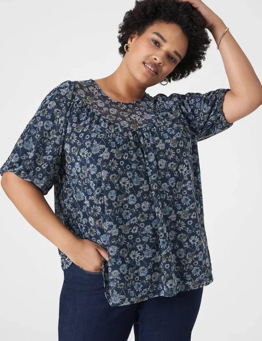 Knit Tops^Lane Bryant Swing Puff-Sleeve Crew-Neck Mesh Top Blue Bursting Floral