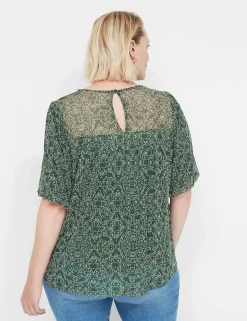 Knit Tops^Lane Bryant Swing Puff-Sleeve Crew-Neck Mesh Top Green Dot Print