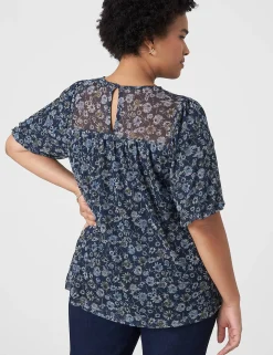 Knit Tops^Lane Bryant Swing Puff-Sleeve Crew-Neck Mesh Top Blue Bursting Floral
