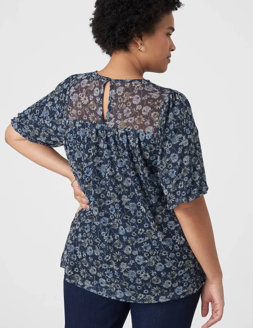 Knit Tops^Lane Bryant Swing Puff-Sleeve Crew-Neck Mesh Top Blue Bursting Floral