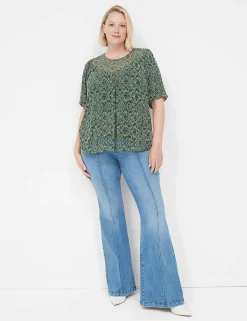 Knit Tops^Lane Bryant Swing Puff-Sleeve Crew-Neck Mesh Top Green Dot Print