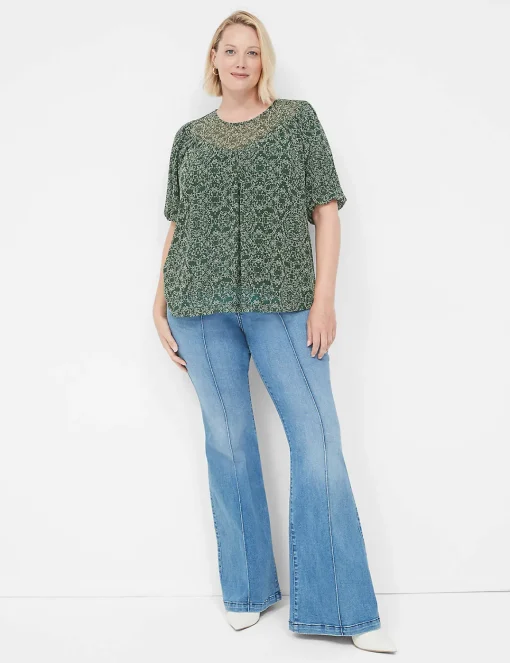 Knit Tops^Lane Bryant Swing Puff-Sleeve Crew-Neck Mesh Top Green Dot Print