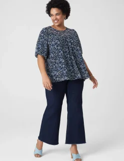 Knit Tops^Lane Bryant Swing Puff-Sleeve Crew-Neck Mesh Top Blue Bursting Floral