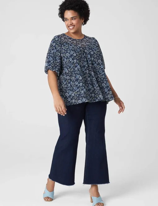 Knit Tops^Lane Bryant Swing Puff-Sleeve Crew-Neck Mesh Top Blue Bursting Floral