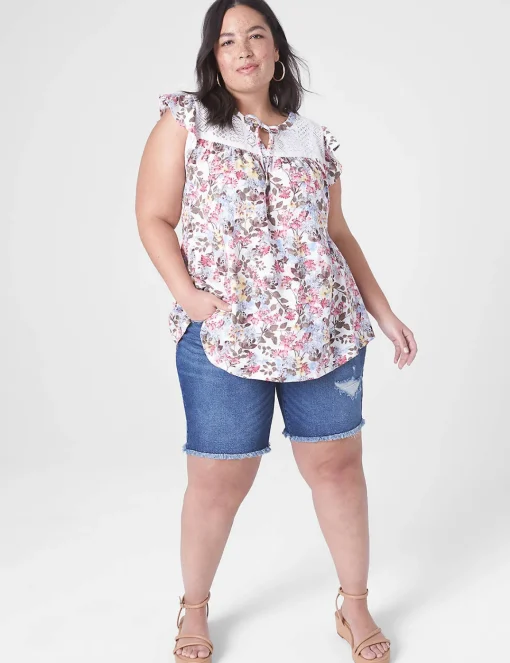 Knit Tops^Lane Bryant Swing Ruffle Lace Yoke Top Spring Bouquet