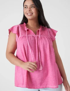 Knit Tops^Lane Bryant Swing Ruffle-Neck Smocked-Yoke Tee Fiji Flower