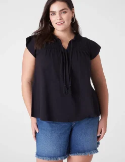 Knit Tops^Lane Bryant Swing Ruffle-Neck Smocked-Yoke Tee Black