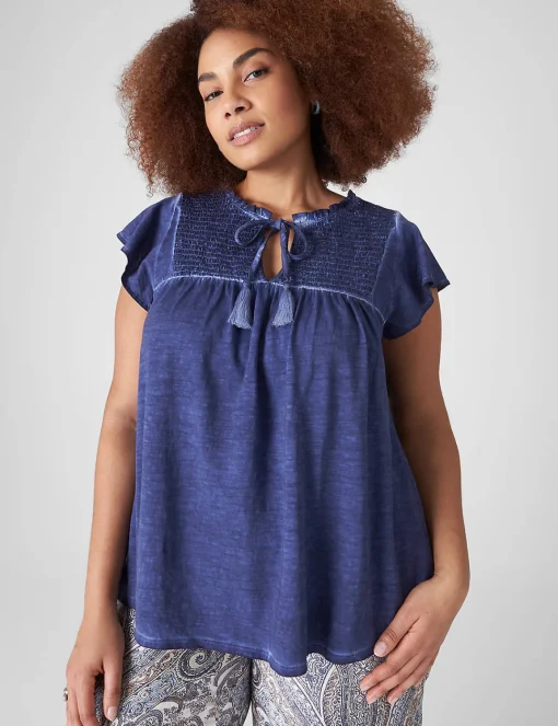 Knit Tops^Lane Bryant Swing Ruffle-Neck Smocked-Yoke Tee Maritime Blue