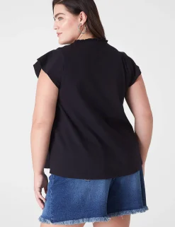 Knit Tops^Lane Bryant Swing Ruffle-Neck Smocked-Yoke Tee Black
