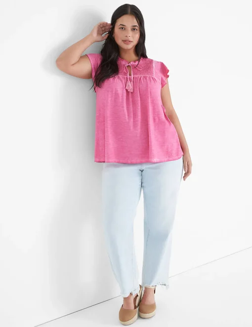 Knit Tops^Lane Bryant Swing Ruffle-Neck Smocked-Yoke Tee Fiji Flower